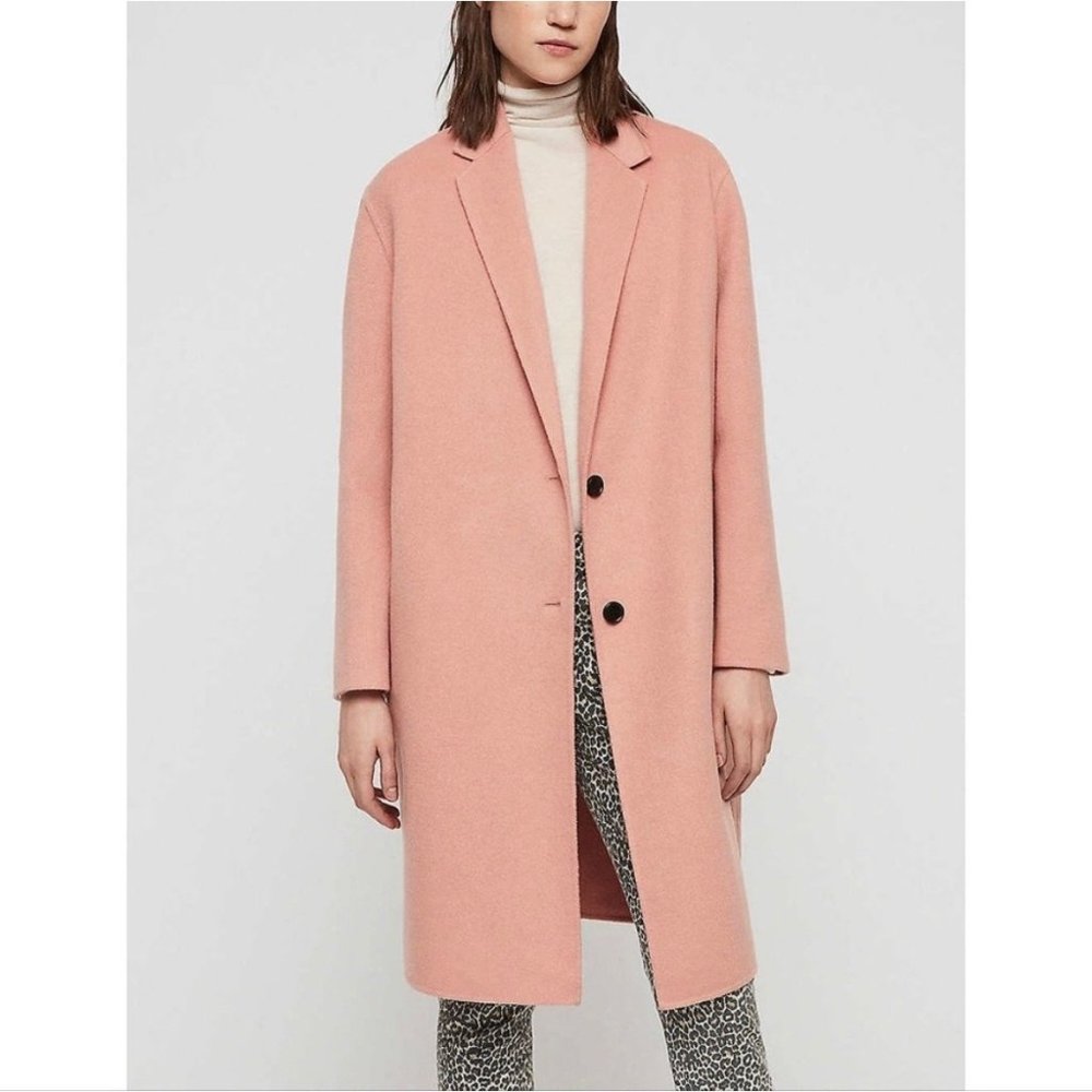 All Saints Anya Pink Wool Blend Longline Coat XS